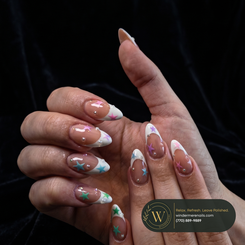 Star nail art on French tips - Windermere Nails Cumming GA