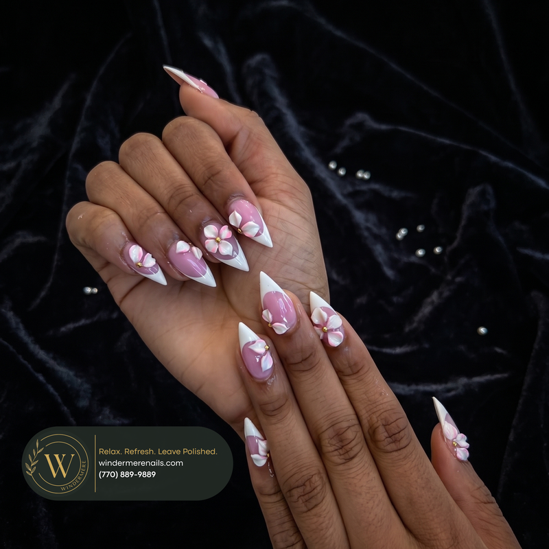 3D floral pink stiletto nail art - Windermere Nails Cumming GA